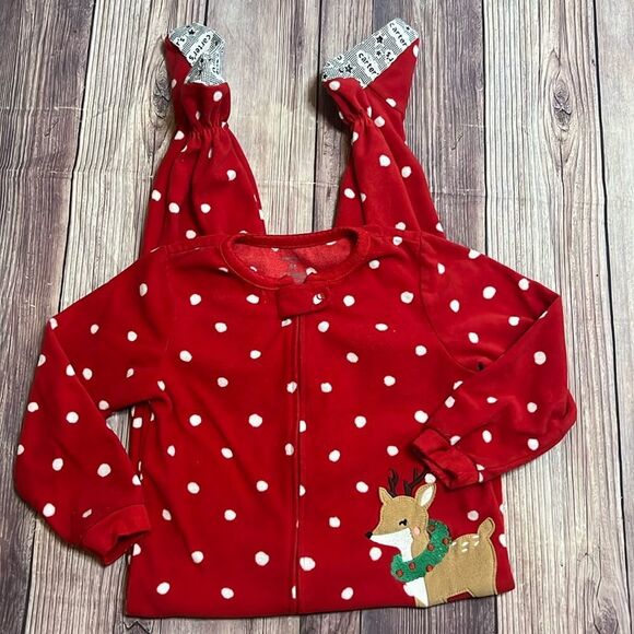 Carter’s 4T Christmas Footed Pajamas Red Polka Dot Reindeer Zipper - Picture 2 of 10